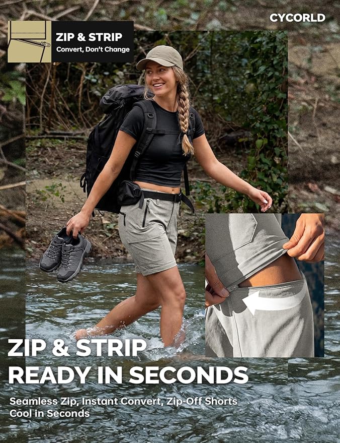 Cycorld Women's-Hiking-Pants-Convertible Quick-Dry-Stretch-Lightweight Zip-Off Outdoor Pants with 5 Deep Pockets