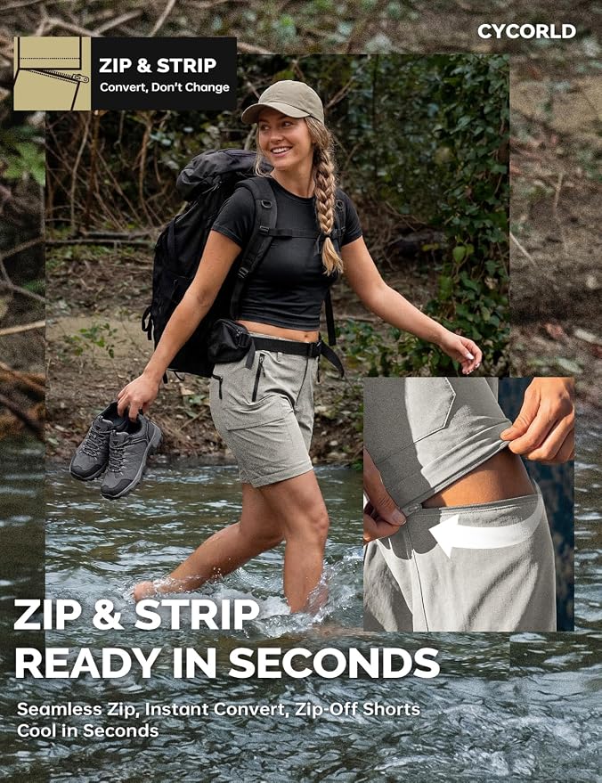 Cycorld Women's-Hiking-Pants-Convertible Quick-Dry-Stretch-Lightweight Zip-Off Outdoor Pants with 5 Deep Pockets