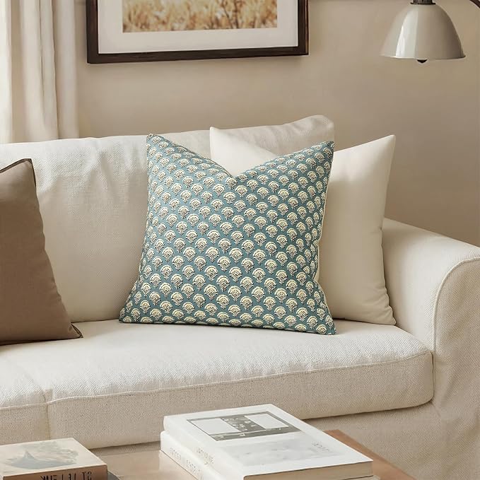 MIULEE Floral Print Decorative Pillow Covers 18x18, Lake | Vintage Boho Farmhouse Modern Home Decor, Set of 2, Block Print Cushion Covers for Couch Sofa Bed Living Room
