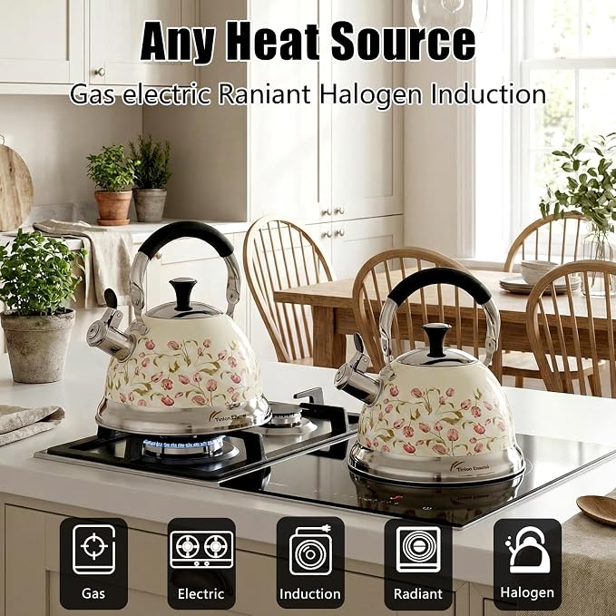 Stainless Steel Whistling Tea Kettle Stovetop - 3.1QT Tea Pot for Stove Top, Vintage Floral Print, Foldable Handle, 304 Stainless Steel Interior Teatop for Tea, Coffee, Party & Gift