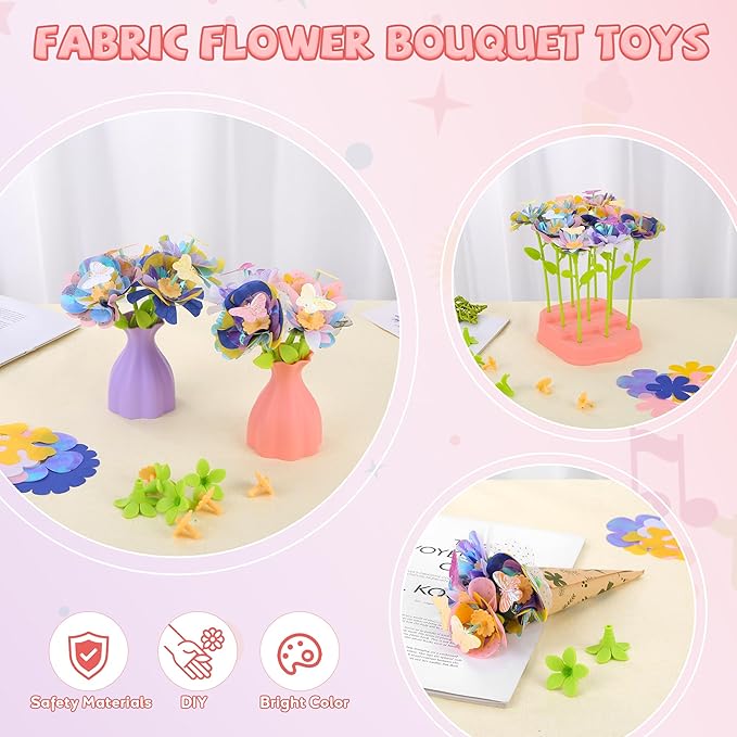 Lufstd DIY Fabric Flower Bouquets Toys, Flower Making Kit for Kids, Fabric Flowers for Crafts, Creativity-Boosting Handmade Arts and Crafts Set for Family Stem Activities Ages 3-12