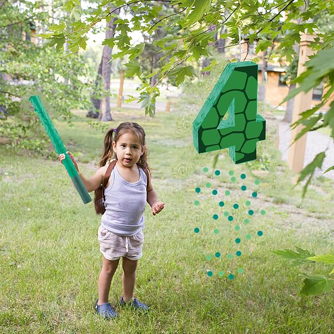 16 Inch Turtle Number 4 Pinata, Turtle Birthday Decorations, Turtle Theme Pinata with 16 Inch Stick Blindfold Confetti for Boy Girl Kids 4th Birthday Party Supplies(4th)