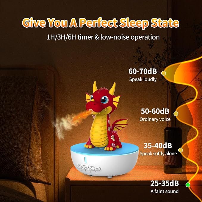 Aromatherapy Dragon Humidifier, 200ML Essential Oil Diffuser with Remote & Timer, White Noise Machine with 10 Soothing Sounds, Cute Small Humidifiers for Kids Bedroom, Home, Office (Red)
