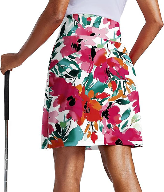 PINSPARK 20" Skorts for Woman Knee Length UPF 50+ Golf Skirts | 4 Pockets, Built-in Shorts, High Waisted, Split Hem, Silky-smooth, Moisture-wicking, for Golf Athletic Tennis Workout Casual
