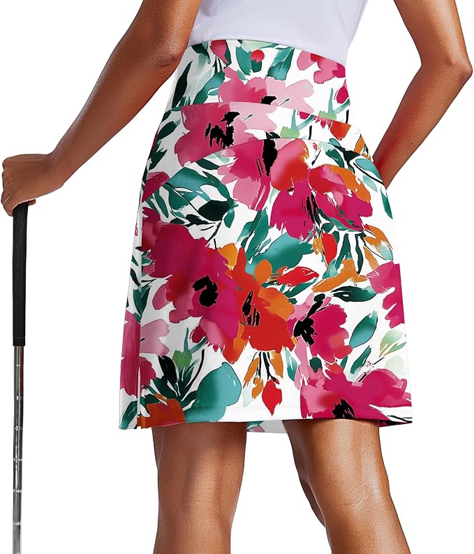 PINSPARK 20" Skorts for Woman Knee Length UPF 50+ Golf Skirts | 4 Pockets, Built-in Shorts, High Waisted, Split Hem, Silky-smooth, Moisture-wicking, for Golf Athletic Tennis Workout Casual