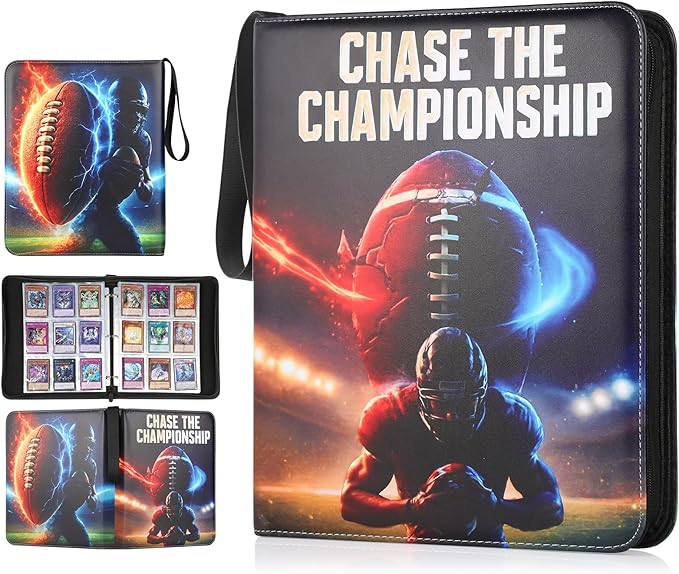 Football Card Binder 9 Pocket with Zipper Holds 1080 Cards, Water-Resistant PU Leather Side-Loading Football Binder for Trading Cards, Acid-Free Archival Pages Football Cards Book for NFL Trading Card