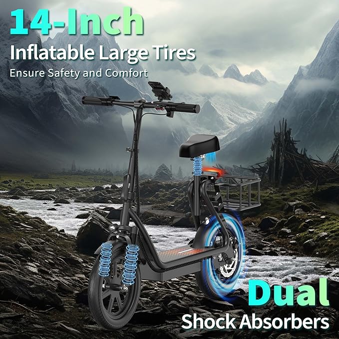 Maxshot Electric Scooter, 8.5" /10" /14" Tire, 16/19/22 Mph Top Speed, 12/16/21/27/28/49/50 Miles Long Range, Folding Escooter for Adults and Kids with Seat Bag, Dual Braking, Dual Suspension, App