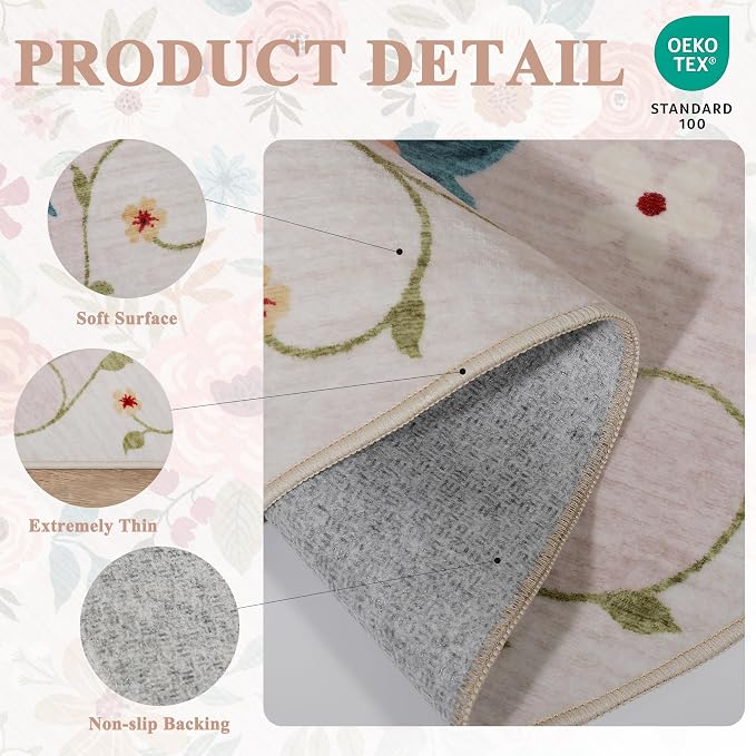 DUKINO 3x6 Runner Rug, Non Slip Floral Washable Rug for Kitchen, Beige | Low Pile, Non Shedding, Soft Thin Indoor Rug for Hallway, Bedroom, Bathroom, Entryway, Laundry, Pet Friendly, Home Decor