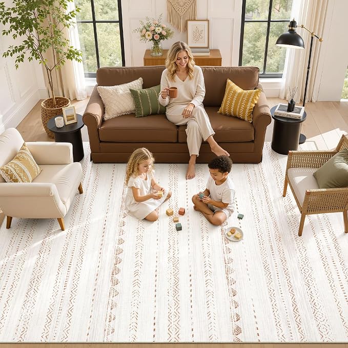 Nakagishi Boho 9x12 Area Rug Living Room Rugs Machine Washable Brown | Soft, Pet & Kid Friendly, Carpet for Living Room/Bedroom/Office/Kitchen/Nursery, Daily Home Decor Stain Resistant Moroccan