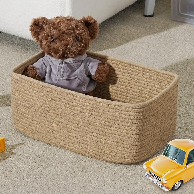 3 Pack Small Storage Baskets for Organizing, 11.8×7.8×5.1", Brown | Woven Baskets for shelves, Cotton Rope Basket for Gifts Empty, Closet Organizer Bins with Handles, Cube Decorative Box