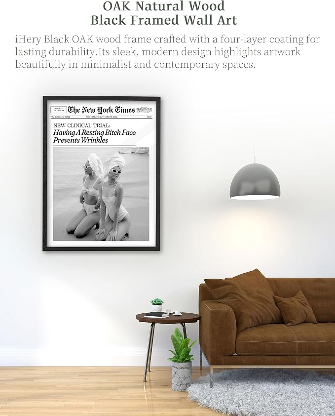 iHery 16x20in Funny Beach Girls Black Framed Newspaper Wall Art | Premium Black Natural OAK Wood Frame with Canvas Print, Retro Magazine Decor for Bathroom Bedroom Dorm, Living Room 1Pack