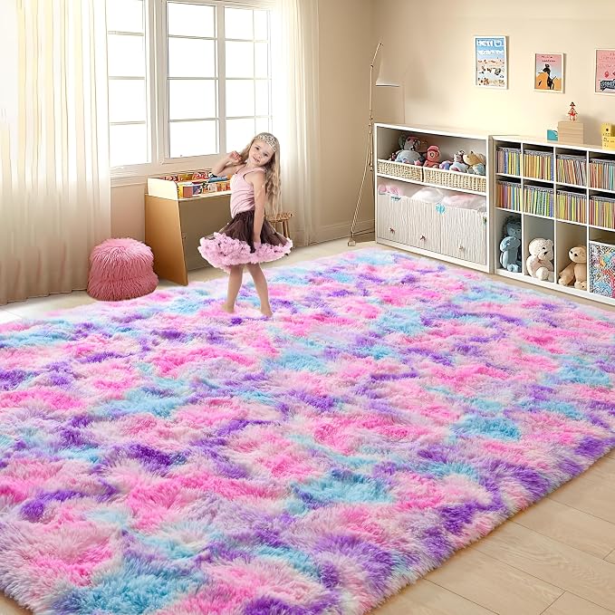 Tepook Pink Blue Purple Area Rug for Girls Room, Fluffy 6x9 Cute Soft Colorful Kids Rugs for Bedroom Dorm Classroom Nursery Playroom, Fuzzy Shaggy Rainbow Princess Carpet for Toddler Home Decor