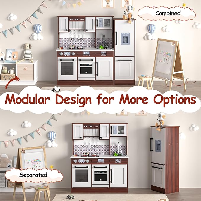 BRINJOY 2-Piece Kids Kitchen Playset, Wooden Play Kitchen Set for Toddlers, Modular Pretend Play Kitchen w/Light&Sound Stove Oven, Large Kitchen Cooking Toy w/Refrigerator, Gift for Girls Boys