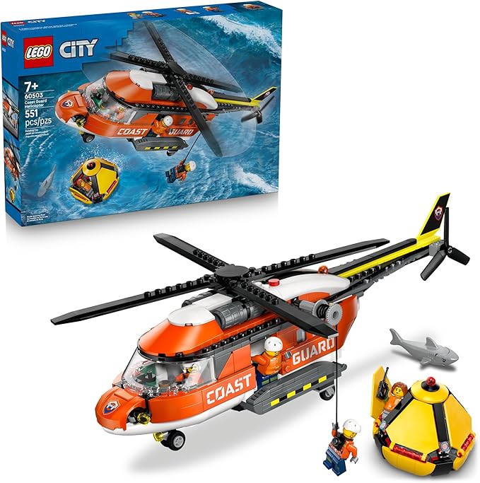 LEGO City Coast Guard Helicopter Building Toy for Kids - Pretend Play Emergency Response Set for Boys & Girls, Ages 7+ - Includes 4 Minifigures, Shark, & Rescue Pod - Gift Idea for Birthdays - 60503