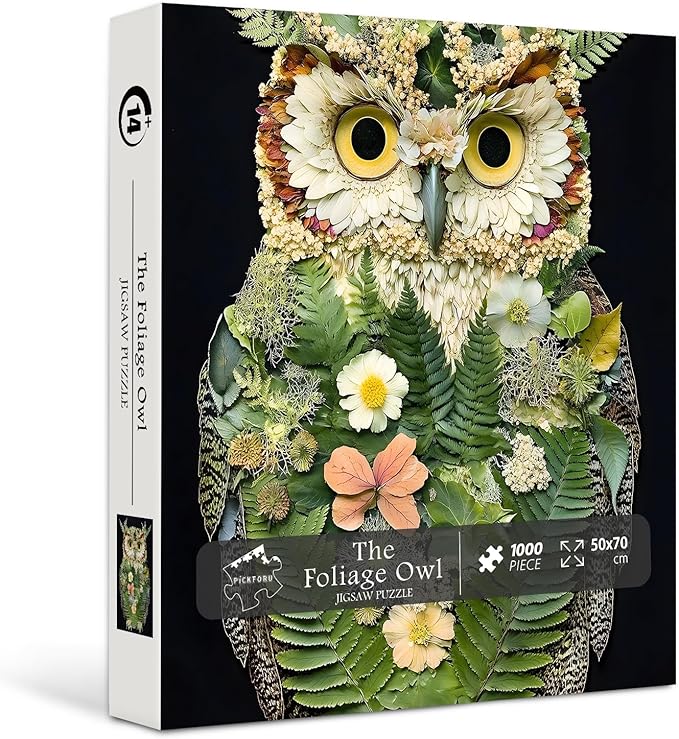 PICKFORU Foliage Owl 1000 Piece Puzzle for Adults, Nature Leaves Flowers Collage Art Jigsaw Puzzles, Plant Animal Puzzle as Wall Decor