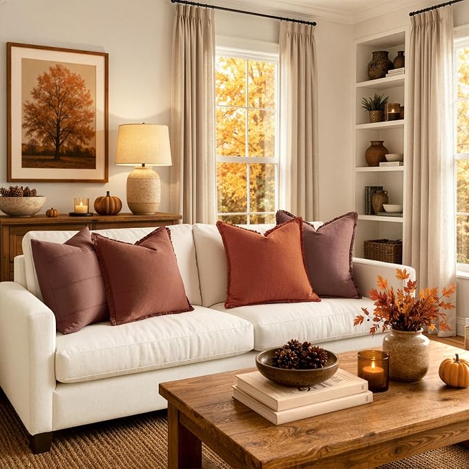 MIULEE Linen Decorative Fall Euro Throw Pillow Covers Burnt Orange 22x22 | Set of 2, Cottagecore Decor, Boho Farmhouse Neutral Fringe Pillow Covers, Rustic Fall Couch Cushion for Sofa Bed Living Room