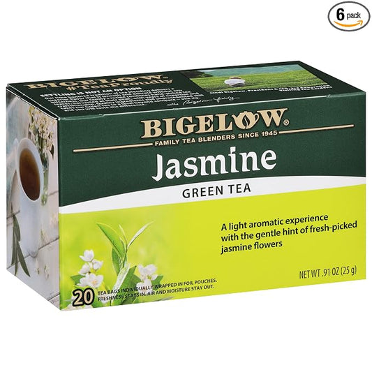 Bigelow Tea Jasmine Green Tea, Caffeinated Tea with Jasmine, 20 Count Box (Pack of 6), 120 Total Tea Bags