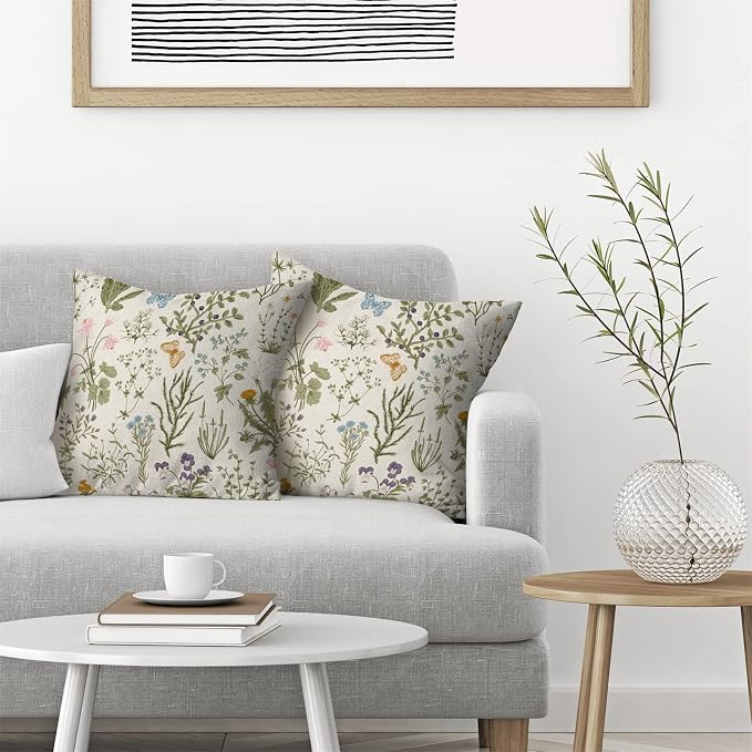 AEIOAE Spring Sage Green Wild Flower Pillow Covers 20x20 Set of 2 | Plant Throw Pillows Case,Seasonal Floral Outdoor Decorative Linen Farmhouse Decor Cushion Covers for Home Sofa Bed Couch