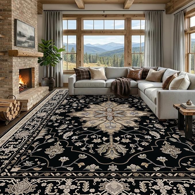RELEANY Area Rugs Large 10'x14' Washable Non-Slip, Floral Vintage Distress Medallion Carpet for Living Room Bedroom Dining Room, Black Brown Neutral Dark Tan