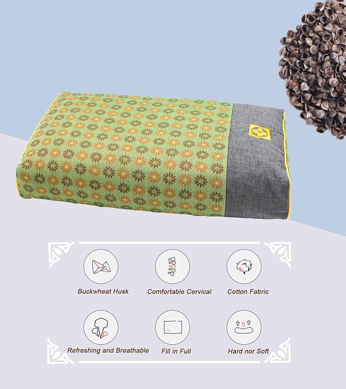 Buckwheat Pillow Cube for Side Sleepers, Pain Relief for Neck Support Adjustable Cervical Pillows, Included Floral Pattern Square Pillow (18x10 Inch, Lemon Yellow)