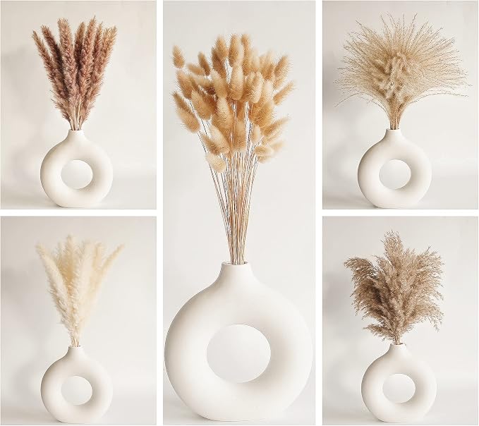 Natural Dried Pampas Grass Decor - 110 Pcs, Contains White Bunny Tails, Artificial Flowers for Bathroom, Office and Baby Shower Decor