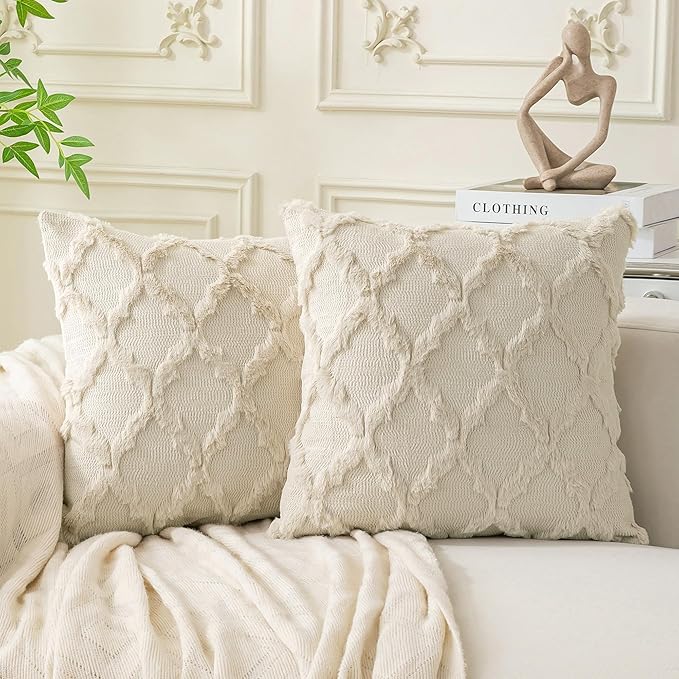 Set of 2 Beige Morrocan Decorative Pillow Covers 26x26 Inch Fluffy Boho Throw Pillow Covers for Bed Couch Sofa Living Room Soft Plush Cushion Cases