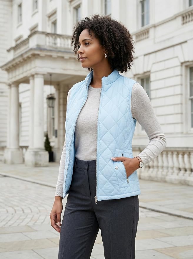 Fuinloth Women's Quilted Vest Lightweight Puffer Stand Collar Zip Gilet | 4 pockets with 2 inner storage. Quilted padded warm gilet. Fall winter outerwear layering vest for travel hiking daily wear.