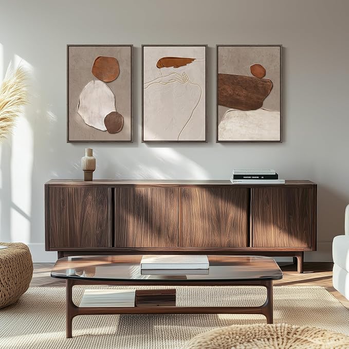 Framed Neutral Abstract Wall Art, 3 Piece Earth Tones Rustic Canvas Prints Paintings Artwork for Walls, Minimalist Abstract Stone Pictures for Living Room Dining Room Bedroom Wall Decor 16x24 Inch