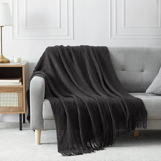 BOURINA Black Throw Blanket 50x60 Inch Boho Knitted Soft Throw Sofa Blanket | Knitted Throw Blanket 50x60 Inches, Soft Lightweight Boho Weave Throw Decorative Couch Blanket for Living Room Bedroom Chair