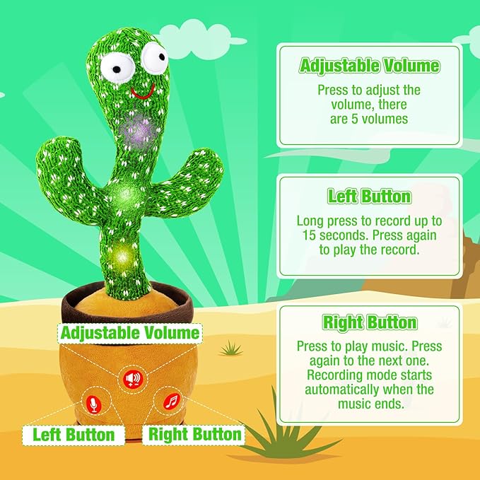 Ayeboovi Baby Toys Dancing Talking Cactus, Mimicking Recording Cactus Toy Repeats What You Say, Volume Adjustable Toddler Toys Singing Cactus with 120 Songs, Tummy Time Toys for Kids Boys Girls