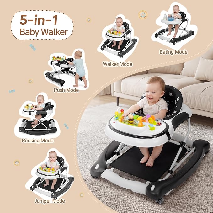 5 in 1 Baby Walker, Music and Lights Foldable Baby Walker with Wheels, 3 Adjustable Heights, with Bouncer Combo, Rocker, Activity Walker for Baby Boy and Girl 6-18 Months (Black)