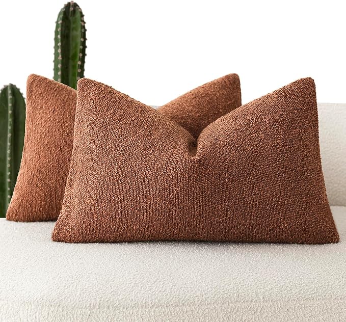 Foindtower Pack of 2 Textured Boucle Throw Pillow Covers Accent Solid Decorative Lumbar Pillow Cases Cozy Couch Cushion Case for Chair Sofa Bedroom Living Room Home Decor 12x20 Inch Red Taupe