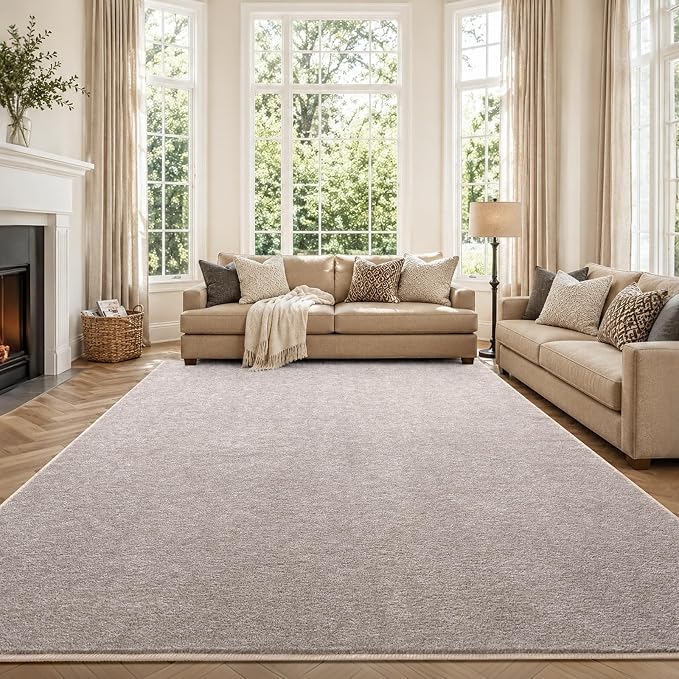 FinRèc 7x10 Washable Area Rugs for Bedroom Living Room, Low Pile Thin Rug Solid Color, Non-Slip Carpet Indoor for Home Decor (Oatmeal/White)