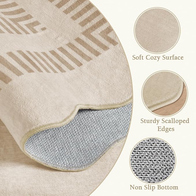 Washable Rug 5x7 Area Rugs for Living Room, Solid Khaki Rug Non Slip Scalloped Throw Mat with Rubber Back, Soft Low Pile Carpet for Dining Room Bedroom Dorm Nursery