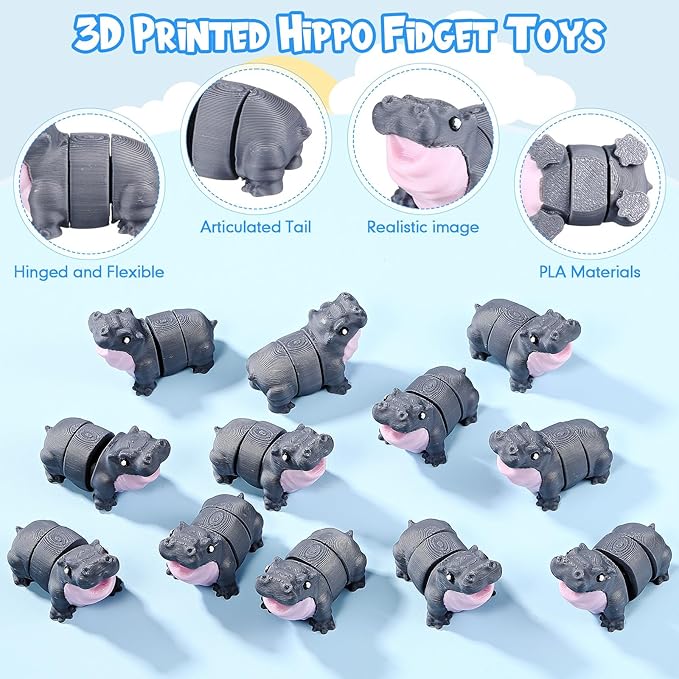 Honoson 12 Pcs 3D Printed Fidget Toy 3D Printed Hippo Small Animal Toy Flexible Cute Articulating Pet Stress Relief Fidget Toys for Play and Display(5cm)