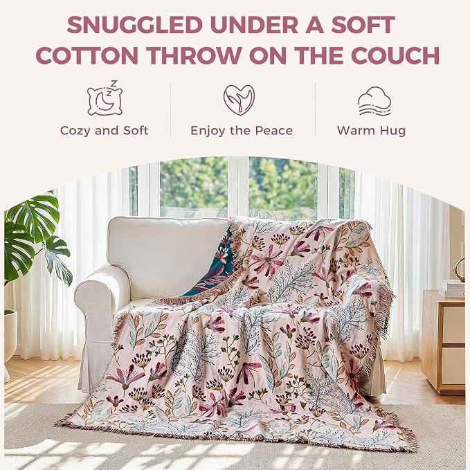 LUTBM Boho Throw Blanket for Couch 50"x60", Cotton Decorative Bed Throw | Reversible Floral Jacquard, All-Season Muslin Blanket, For Chair Sofa Bedroom Living Room Decor, Lightweight Breathable Gauze