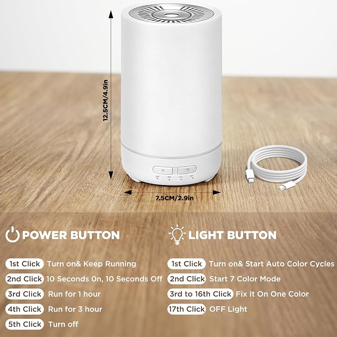 Small Essential Oil Diffuser, 150ML Mini Portable Aromatherapy Diffuser, Home Fragrance Aroma Diffuser with 7-Color LED Light, Ultrasonic Cool Mist Humidifier/Air Revitalizer for Office, Bedroom,Yoga