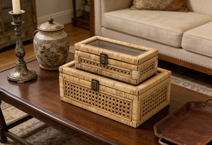 HUAXIN CRAFT H Rattan Decorative Box with Lid, Rectangular Woven with Glass for Display, Set of 2 Wicker for Decor