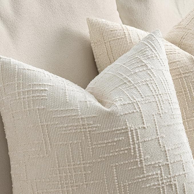 MIULEE Chenille Textured Throw Pillow Covers Cream White 18x18 Set of 2 | Slubby Decorative Pillows, Boho Farmhouse Home Decor, Modern Neutral Cushion Covers for Couch Sofa Bed Living Room