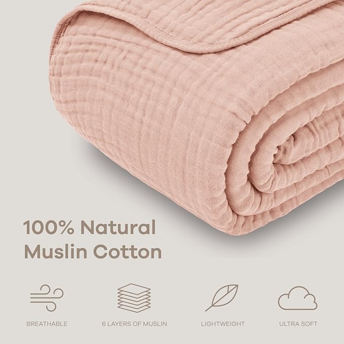 Comfy Cubs Adult Muslin Blanket 90x90” Queen Swaddle Blankets, Blush | 6 Layer Soft, Breathable & Lightweight Muslin Adult Blanket - Machine Washable & Designed in the US Bedding for All Seasons