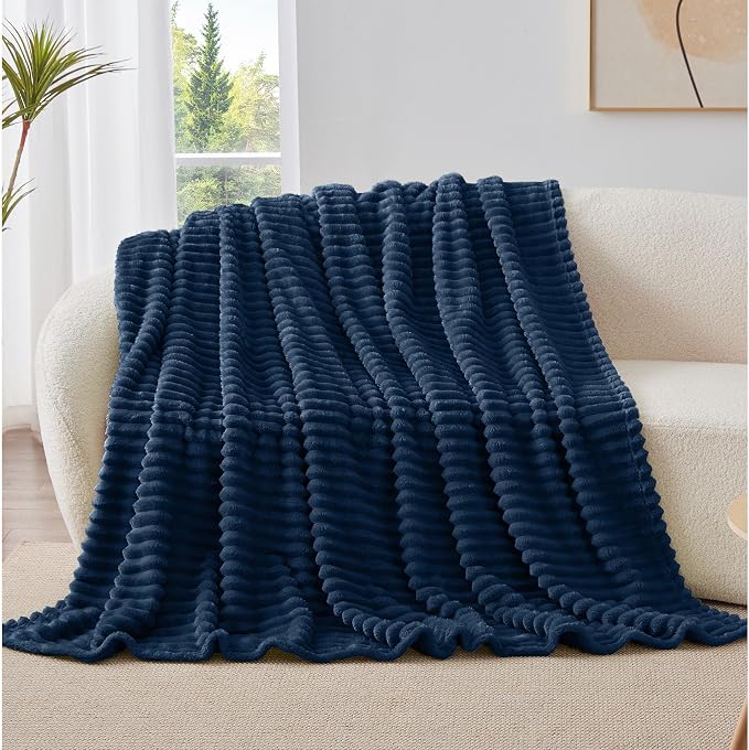 BEDELITE Striped Fleece Throw Blanket, Navy, 50"x60" | 300GSM Microfiber Fleece, Soft Cozy, Lightweight Warm, Machine Washable, Room Decor, Gifts for Men Boys Dad, for Couch Sofa