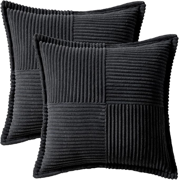 MIULEE Decorative Throw Pillow Covers for Couch 16x16 Inch Black 2 Pack | Boho Broadside Striped Patchwork Pillow Covers, Soft Corduroy Cushion Cases, For Sofa Bed Livingroom Home Decor