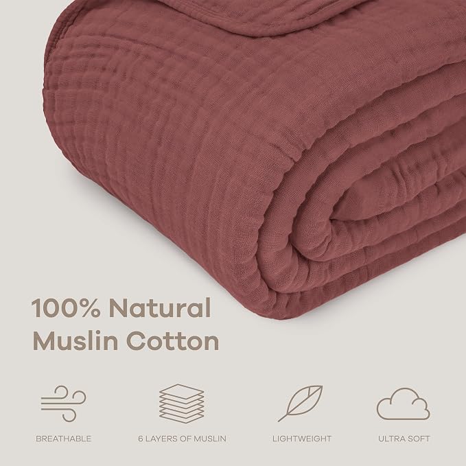 Comfy Cubs Adult Muslin Blanket 50x60” Throw Swaddle Blankets, Wine | 6 Layer Soft, Breathable & Lightweight Muslin Adult Blanket - Machine Washable & Designed in the US Bedding for All Seasons