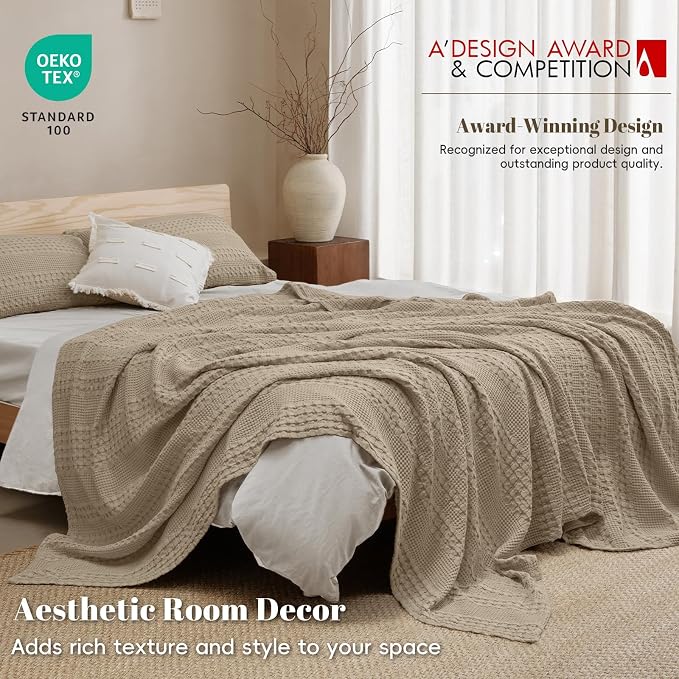PHF 100% Cotton Waffle Weave Blanket Queen Size, Lightweight Breathable Summer Blanket for Hot Sleepers, Pre-Washed Soft Layer for Bed, Couch, Aesthetic Home Decor & Gift, 90"x90", Taupe