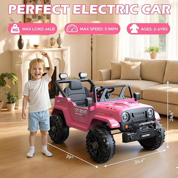 ARBELI 12V Ride On Truck Car with Remote Control, Kids Electric Vehicles with Bluetooth Music, Horn, 3 Speeds, 4 LED Lights, Soft Start, Ride on Toys for Toddler Boys & Girls (Pink)