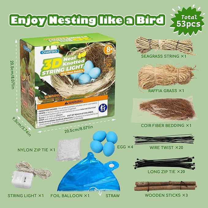 CHARTEKS Bird Nest Craft Kit with LED String Lights - DIY Nature Arts and Crafts STEM Project for Kids & Adults, Creative Home Decor Gift for Boys Girls Ages 8-12