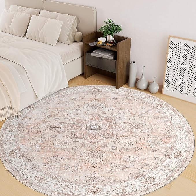 CAPALOCA Round 4ft Washable Nursery Girls Low Pile Area Rug Pink | Non-Slip Soft Rugs for Bedroom Kids Playroom Living Room, Print Pattern Water Repellent Carpet Indoor Decor