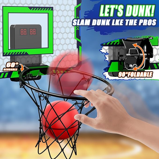 Indoor Basketball Hoop for Kids, Over The Door Mini Basketball Hoop with Scoring & Countdown, Remote Control, 3 Balls & Sound Effects, Birthday & Christmasl Toys Gifts for 4-12 Year Old Girls Boys