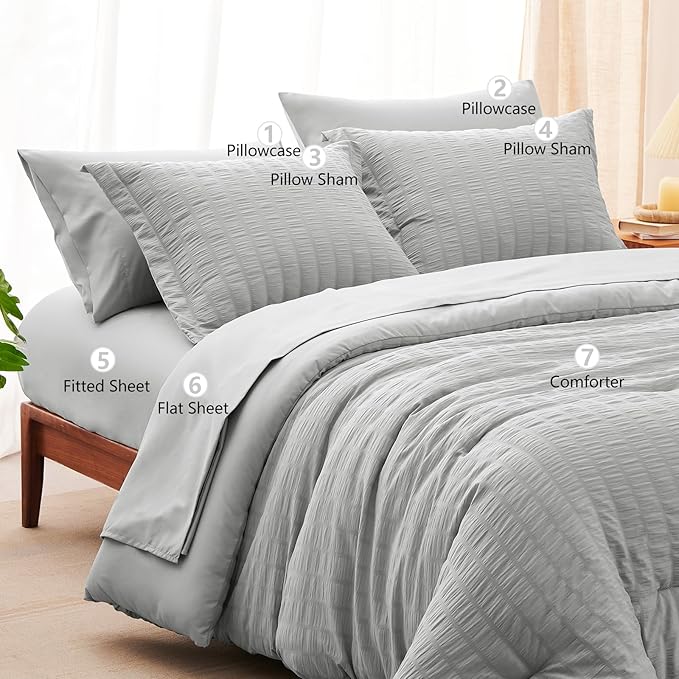 CozyLux Full Size Comforter Sets with Sheets 7 Pieces, Light Grey Seersucker Bed in a Bag Textured Luxury Soft Light Gray Bedding Set Down Alternative Comforter, Sheets, Pillowcases & Shams All Season