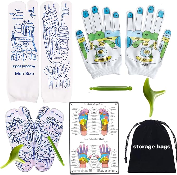 Reflexology Socks with Gloves Tools Set, Foot Massager Socks with 2pc Massage Tool, Trigger Point Massage Tool, Suitable for Men